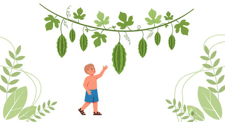 A Curious Child Reaching For Bitter Melon Pods In A Lush Garden Scene