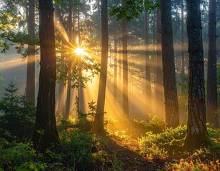 Forêt au lever du soleil – lumière dorée et atmosphère paisible de nature