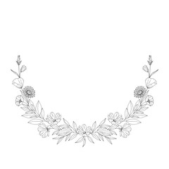 Floral wreath, frame of branches with leaves and flowers. Garland of twigs, black outline, isolated on white. Botanical sketch for wedding decoration, and design projects. Vector illustration