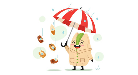 A Cheerful Nut Character Enjoying Rainfall Beneath a Striped Umbrella Protection