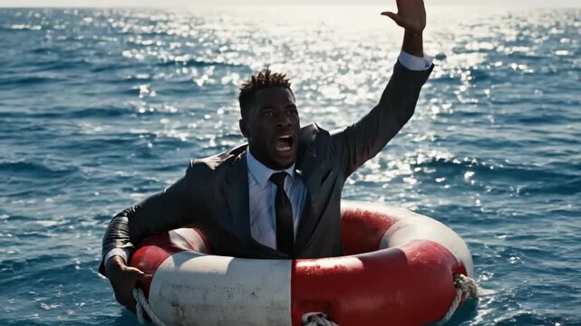 A desperate African American businessman in a suit is drowning in the open ocean and waving for help from a lifebuoy representing a financial crisis or needing rescue