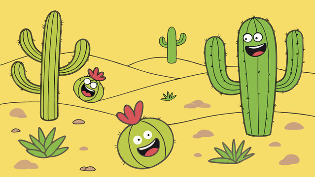 Happy Cartoon Cactus Characters Smiling in Sunny Desert. Playful Nature Illustration for Kids Education, Summer Fun, Web Design, and Mobile Apps.