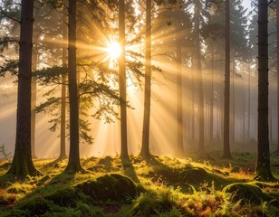 Forêt au lever du soleil – lumière dorée et atmosphère paisible de nature