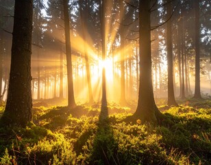 Forêt au lever du soleil – lumière dorée et atmosphère paisible de nature