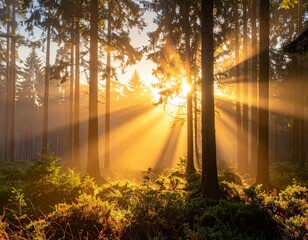 Forêt au lever du soleil – lumière dorée et atmosphère paisible de nature