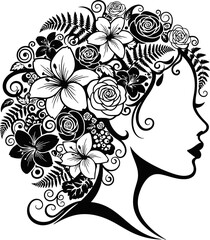 Elegant abstract female profile with floral hair silhouette