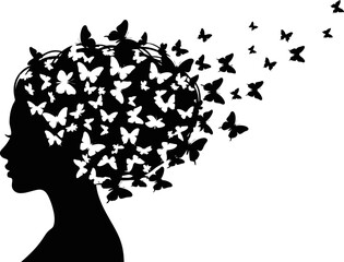Dreamy woman profile silhouette with butterfly hair art