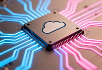 Microchip with a cloud symbol on a circuit board featuring bright blue and pink neon circuit traces.