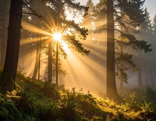 Forêt au lever du soleil – lumière dorée et atmosphère paisible de nature