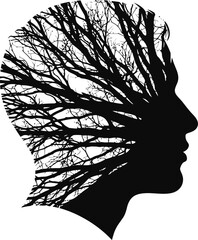 Human head silhouette with tree branches double exposure minimalist design