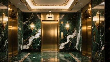 A luxurious elevator lobby, the elevator doors are metallic gold, warm golden accents and ambient lighting with opulent marble floor .