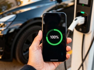 Fototapeta premium Close-up of a hand holding a phone showing 100% battery charge completion for an electric car being charged, outdoor setting.