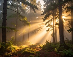 Forêt au lever du soleil – lumière dorée et atmosphère paisible de nature