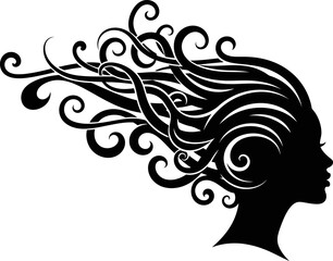 Elegant female profile silhouette with flowing abstract hair