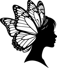 Elegant woman profile silhouette with butterfly wing hair
