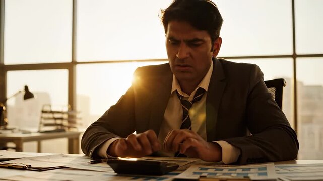 A man in a suit sits at a desk cluttered with papers and a calculator, appearing deep in thought. The sunlight streams through the window, illuminating the man's focused expression