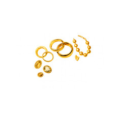 Sparkling gold jewelry collection including rings, bracelet, and gemstone accents for luxury and fashion concepts