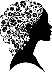 Elegant abstract female profile with floral hair silhouette