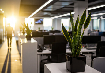 Sunlit Office with Snake Plant and Blurred Background image