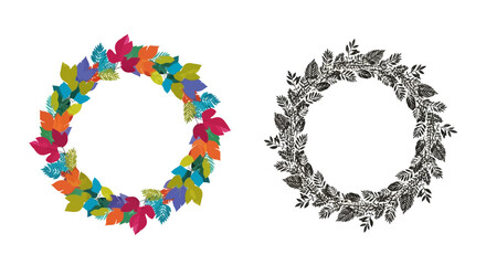 Colorful and monochrome leaf wreaths create decorative oval frames for designs