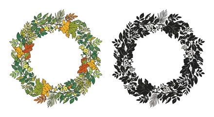 Two circular wreaths of colorful and black leaves botanical illustration style