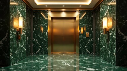 A luxurious elevator lobby, the elevator doors are metallic gold, warm golden accents and ambient lighting with opulent marble floor .