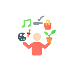 Person juggling diverse passions like art, music, cooking, and gardening symbolizing multifaceted interests and lifestyle