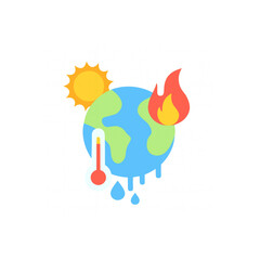 Global warming crisis depicted with melting earth, rising thermometer, and fiery sun symbol