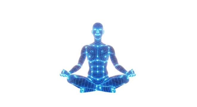 Digital Zen 3D Model Meditating in Lotus Position Mindfulness Tech Wellness Integration Calmness Serenity Virtual Yoga