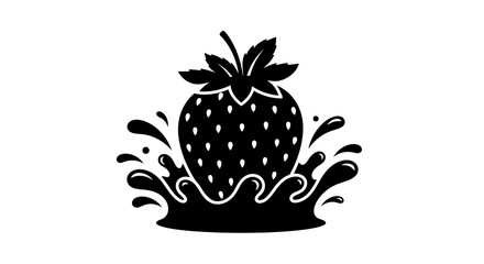 A black and white illustration of a strawberry with splashing juice