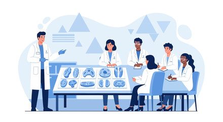 Medical professionals in a research conference discussing new scientific discoveries