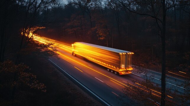 Sunset-lit semi-truck speeding down the highway, golden glow reflecting off trailer, motion blur in trees and traffic