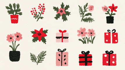 Christmas Holiday Illustration Collection with Festive Gifts, Poinsettia Flowers, Berries, Potted Plants and Cute Floral Designs, Perfect for Seasonal Decor, Wallpaper, Poster and Graphic Design