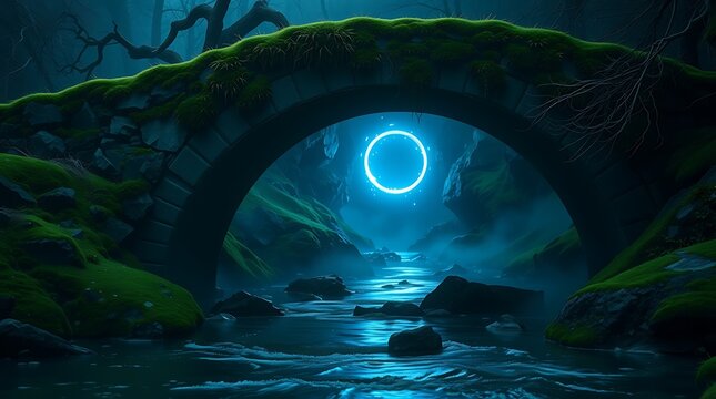 A mossy stone bridge over a stream with a glowing blue circle in the distance in a dark fantasy forest