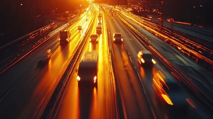 Truck illuminated with golden sun rays, motion blur highway view 
