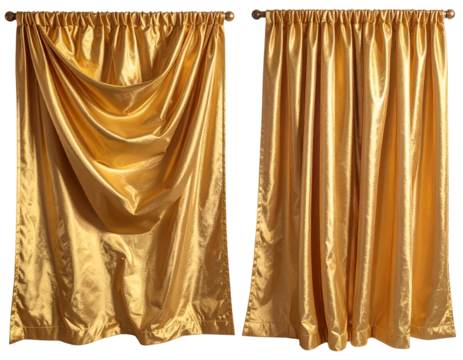 Two opulent golden drapes, one draped elegantly, the other straight