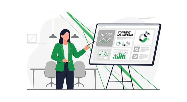 Professional woman presenting content marketing strategy on a digital whiteboard display