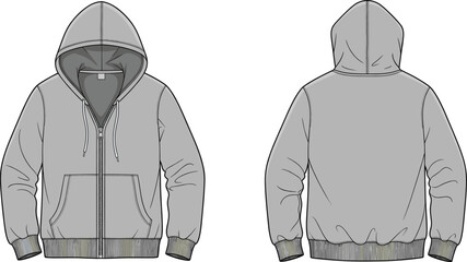 Cad drawing flat vector, hooded zip sweatshirt technical flat sketch, full zipper hoodie front back view, fashion apparel design template illustration ©  FIROZ CONTRIBUTOR 