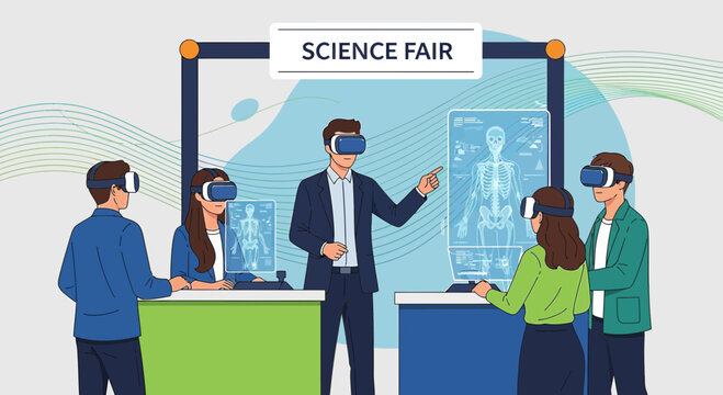 Science fair exhibition showcasing human anatomy in virtual reality technology experience - Powered by Adobe