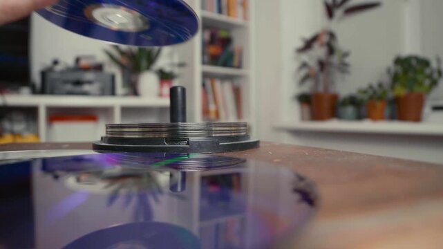 Close up of cd discs in a holder. Disc with data,movie or music.