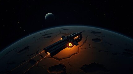 Cinematic space scene showing a futuristic spacecraft orbiting a cratered planet. AI Generative