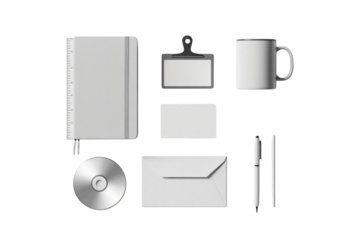 Professional stationery mockup set including notebook, mug, card, envelope, and pens for modern branding and business presentations