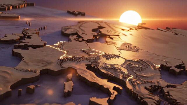 A golden map of Europe is illuminated by the radiant light of a setting sun. This enchanting scene of the map captures the essence of exploration and geographical beauty.
