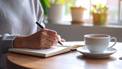 Person writing in a notebook next to a cup of coffee on a sunny table with potted plants in the background