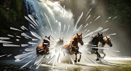 Powerful horses galloping through a cascading waterfall, captured in a dynamic display of splashing water and motion