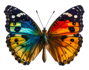 Vibrant butterfly, wings split into cool blues and warm oranges