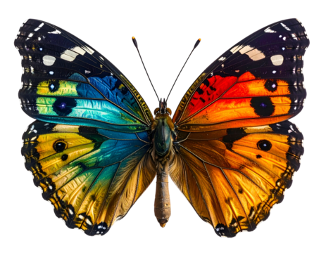 Vibrant butterfly, wings split into cool blues and warm oranges