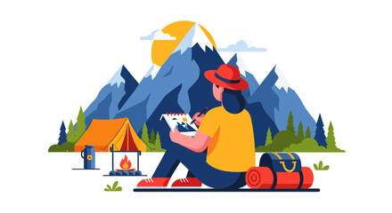 A Person Painting Scenic Outdoors and Camping in The Mountains at Sunset or Sunrise