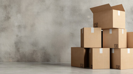 Empty cardboard shipping box stack against textured wall conveys moving and storage mood, warm neutral tones, soft lighting, minimal composition