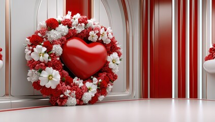 A red heart nestled in a vibrant wreath of red and white flowers, creating a romantic Valentine's Day scene